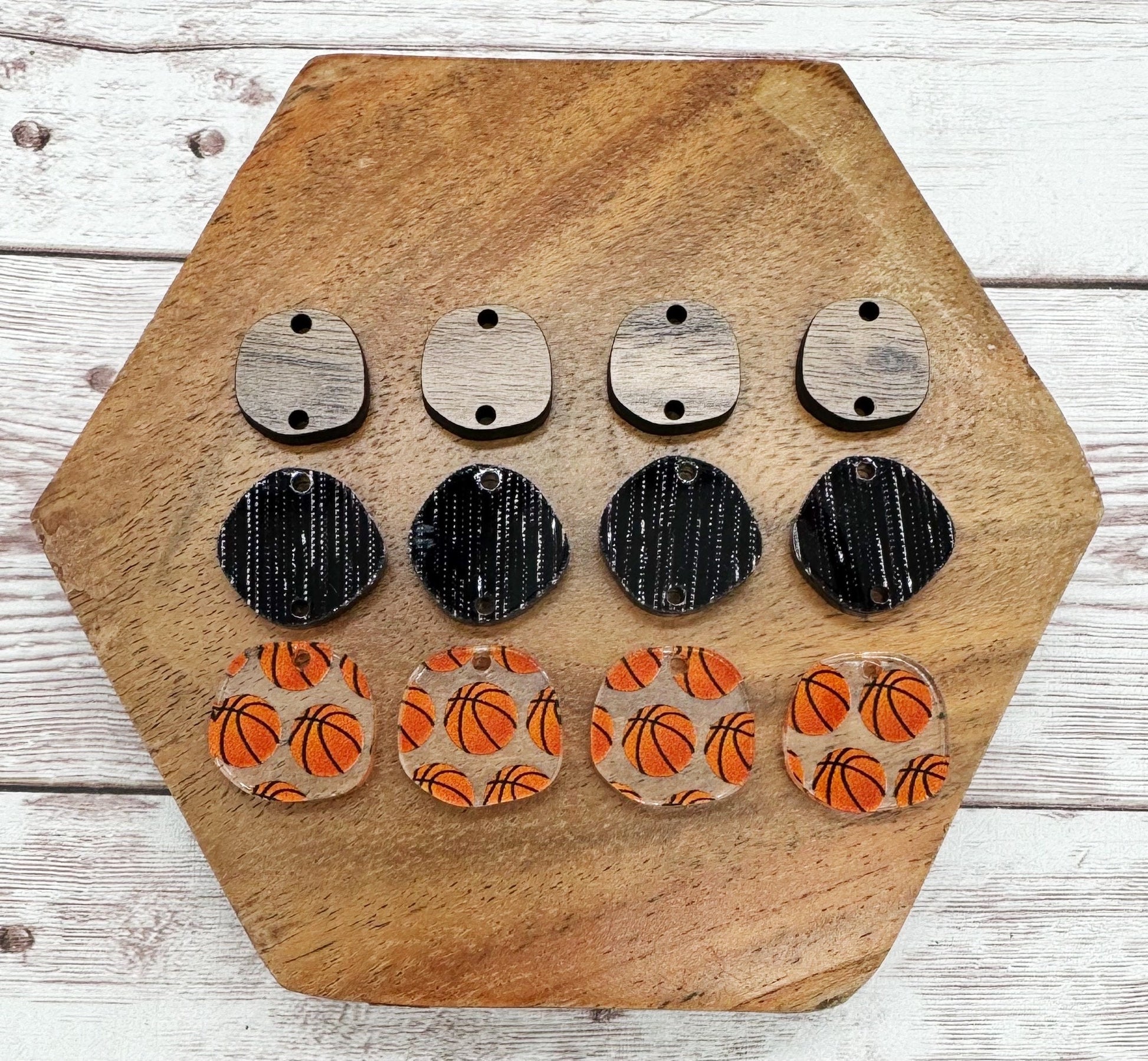 Patterned Basketball Black Shimmer Acrylic and Wood Trio Set, DIY Jewelry Making