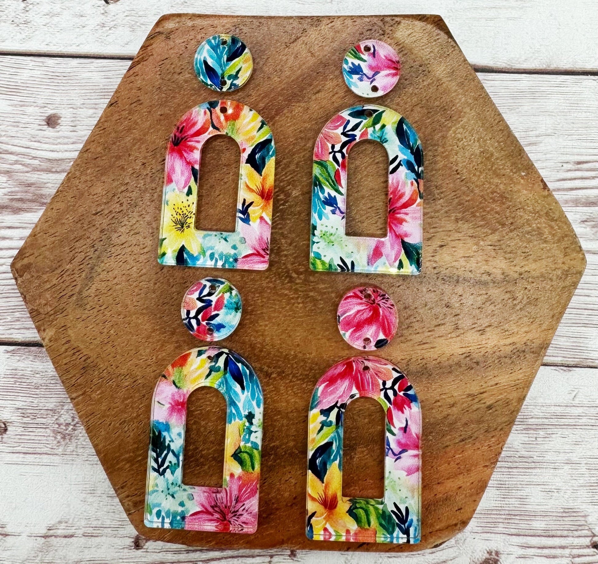 Tropical Floral Print Acrylic Open Arch Connector Set Earring Blanks, DIY Jewelry Making