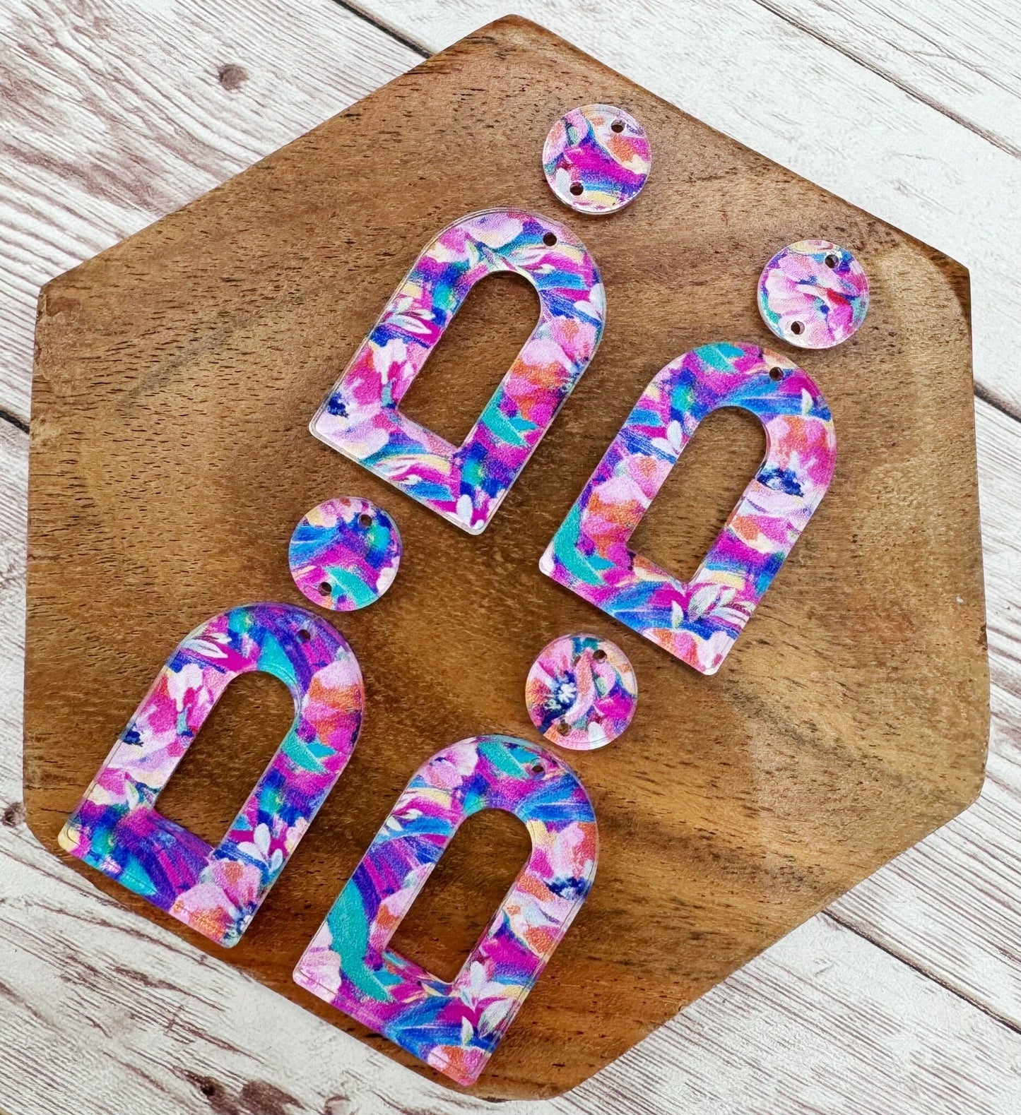 Summer Floral Print Acrylic Open Arch Connector Set Earring Blanks, DIY Jewelry Making