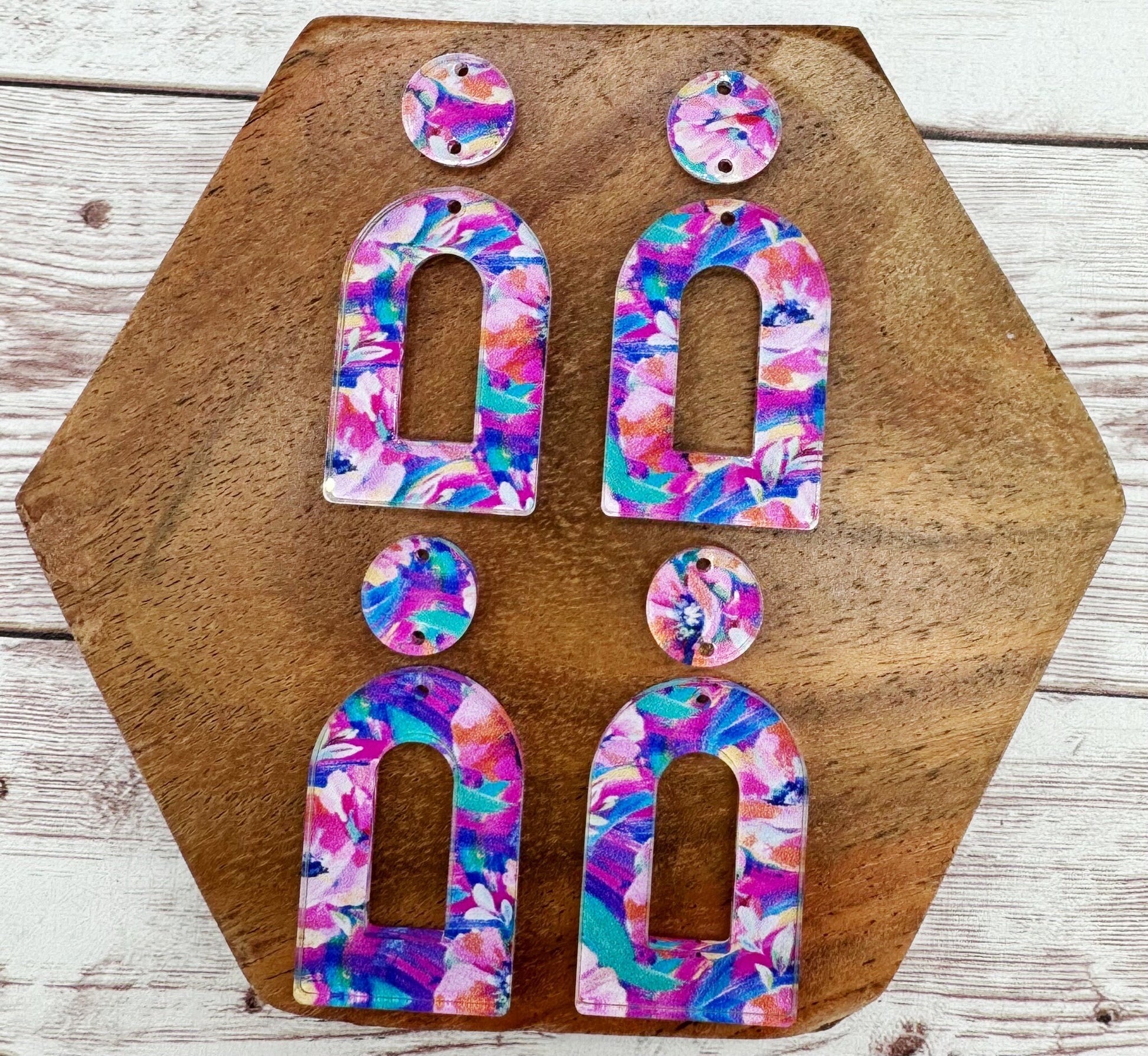 Summer Floral Print Acrylic Open Arch Connector Set Earring Blanks, DIY Jewelry Making