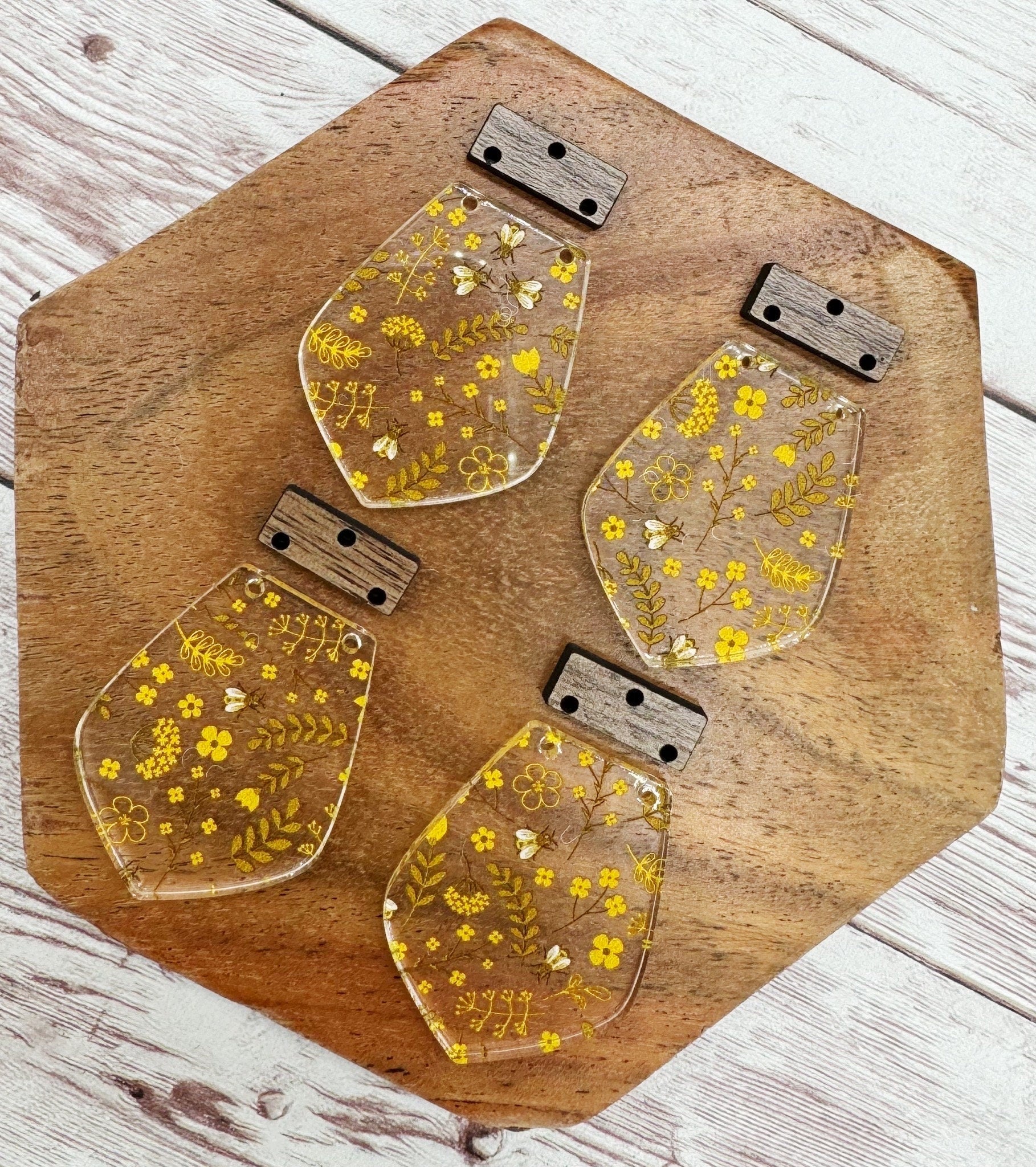 Bees and Flowers Mustard Print Acrylic and Wood Set Earring Blanks, DIY Jewelry Making