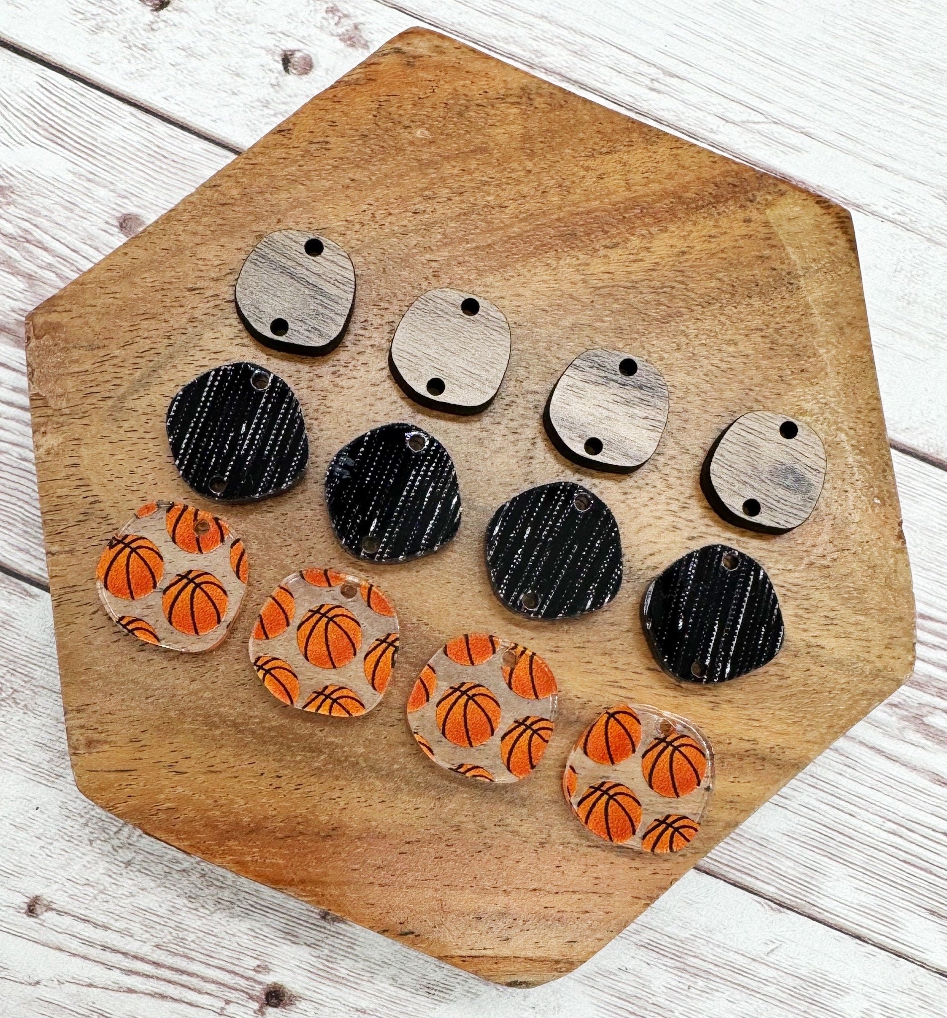 Patterned Basketball Black Shimmer Acrylic and Wood Trio Set, DIY Jewelry Making