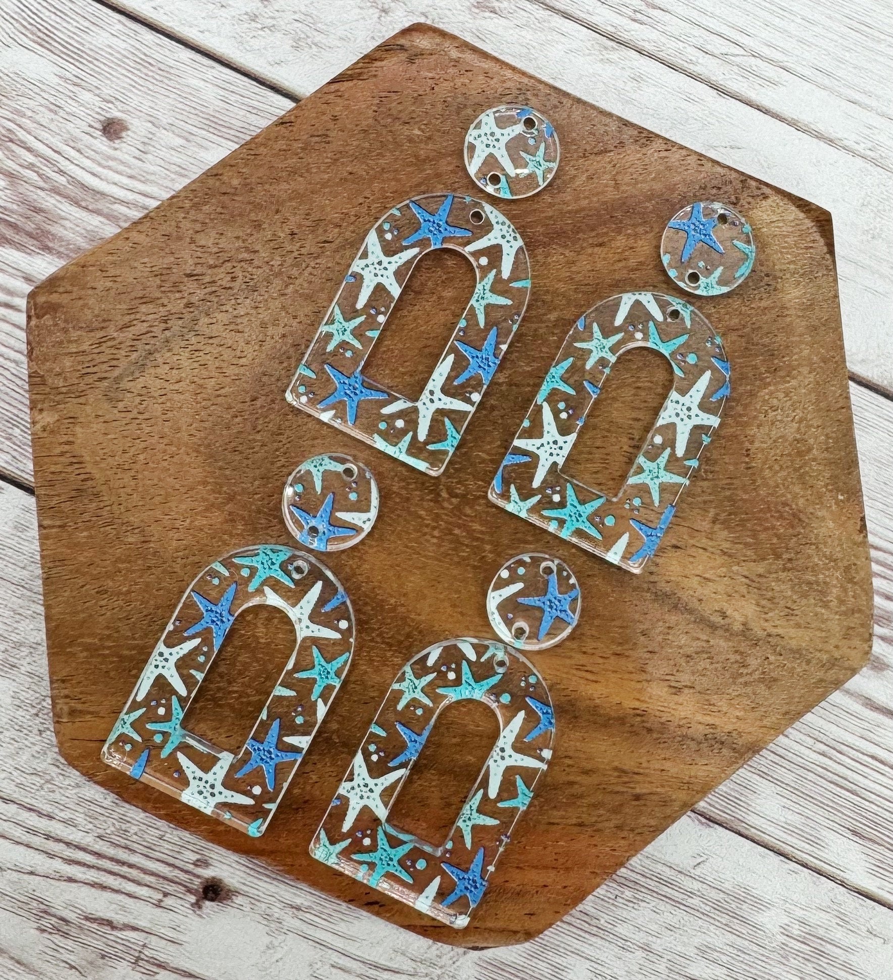 Starfish Beach Summer Print Acrylic Open Arch Connector Set Earring Blanks, DIY Jewelry Making