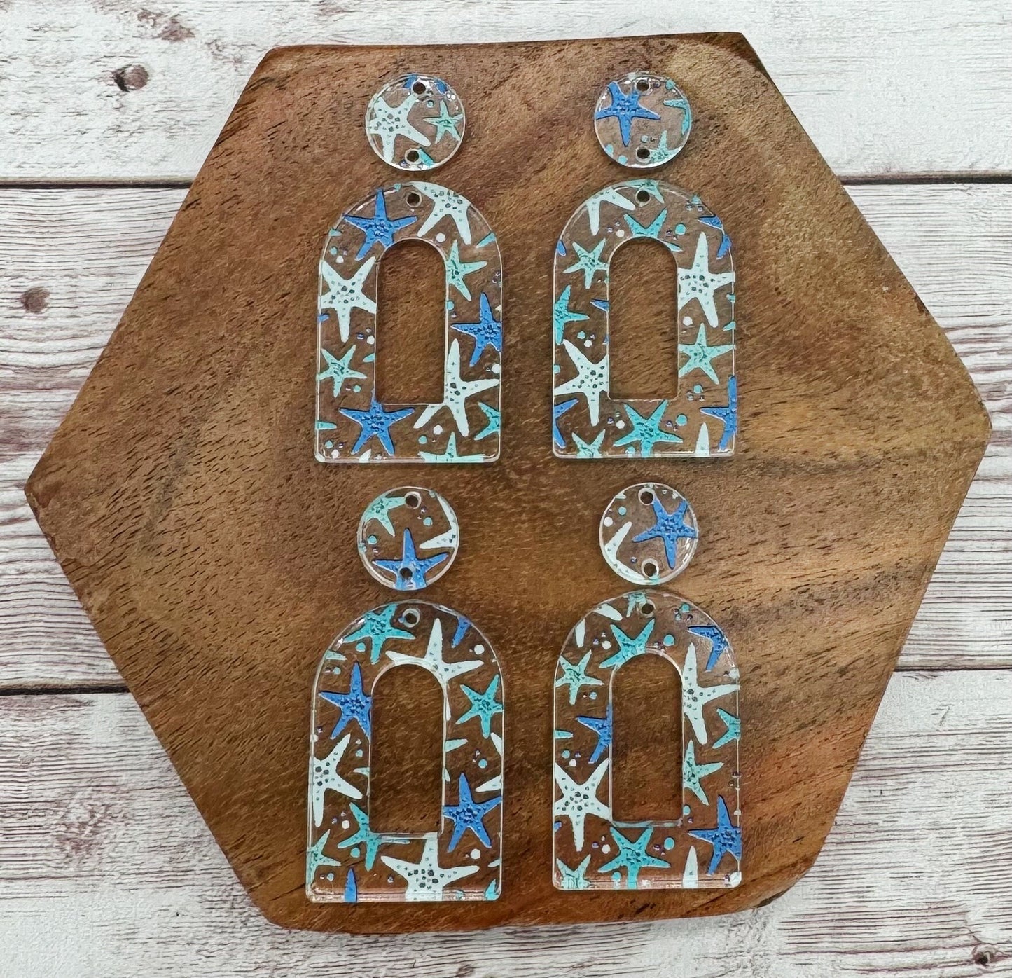Starfish Beach Summer Print Acrylic Open Arch Connector Set Earring Blanks, DIY Jewelry Making