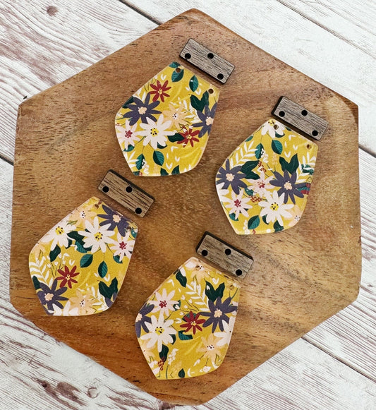 Floral Mustard Print Acrylic and Wood Set Earring Blanks, DIY Jewelry Making