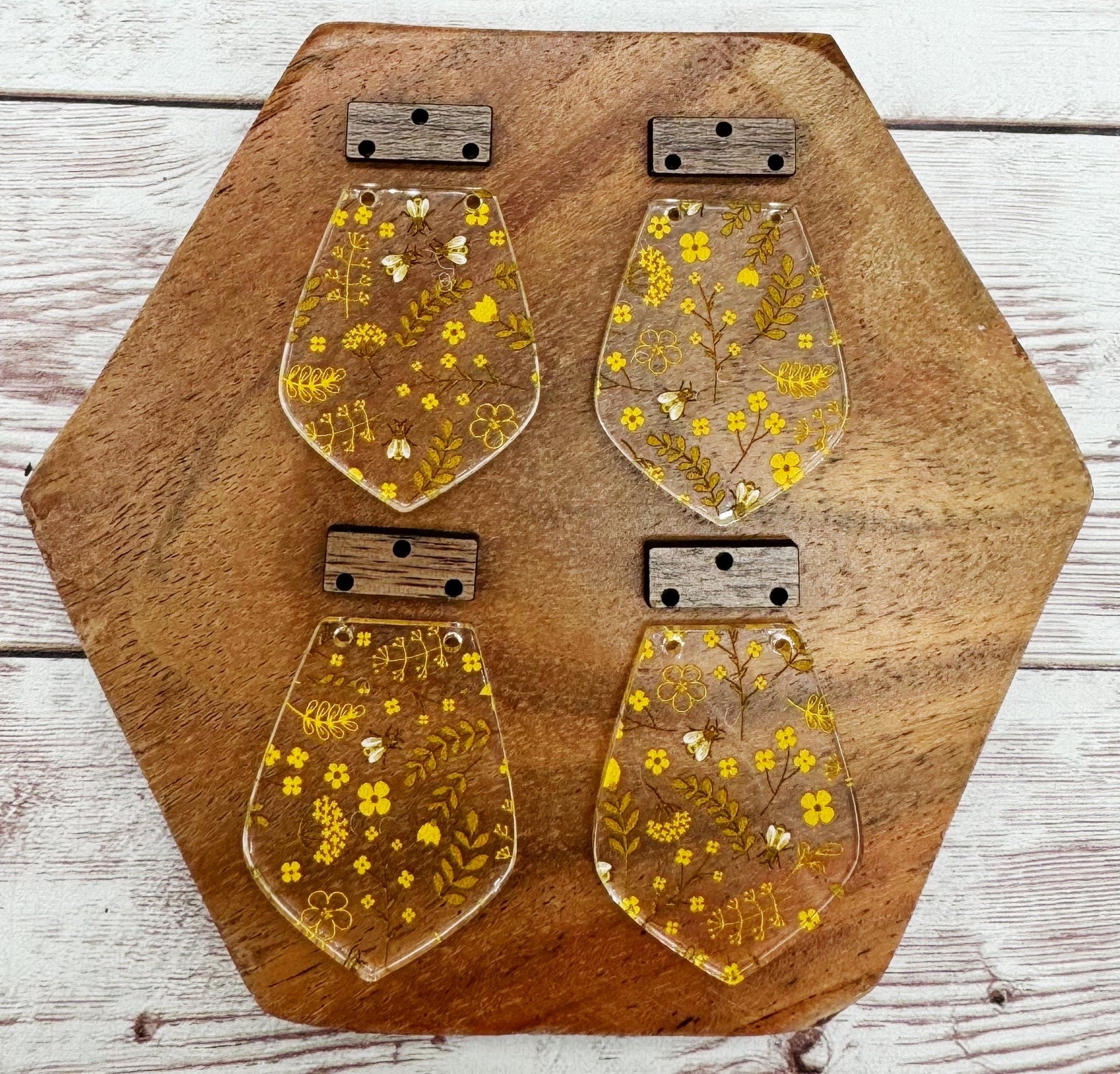 Bees and Flowers Mustard Print Acrylic and Wood Set Earring Blanks, DIY Jewelry Making